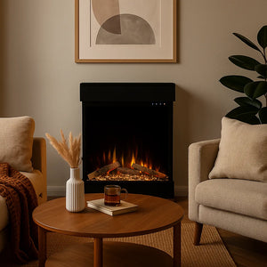 Tempo Style - Caminetto elettrico CALLIOPE Nero con cornice in legno MDF effetto fuoco reale 750 - 1.500 W