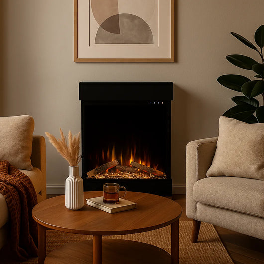 Tempo Style - Caminetto elettrico CALLIOPE Nero con cornice in legno MDF effetto fuoco reale 750 - 1.500 W