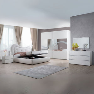 Camera da letto Galatea con letto imbottito contenitore e armadio 2 ante scorrevoli con specchi bianco e particolari glitter