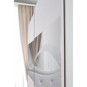 Camera da letto Galatea con letto imbottito contenitore e armadio 2 ante scorrevoli con specchi bianco e particolari glitter