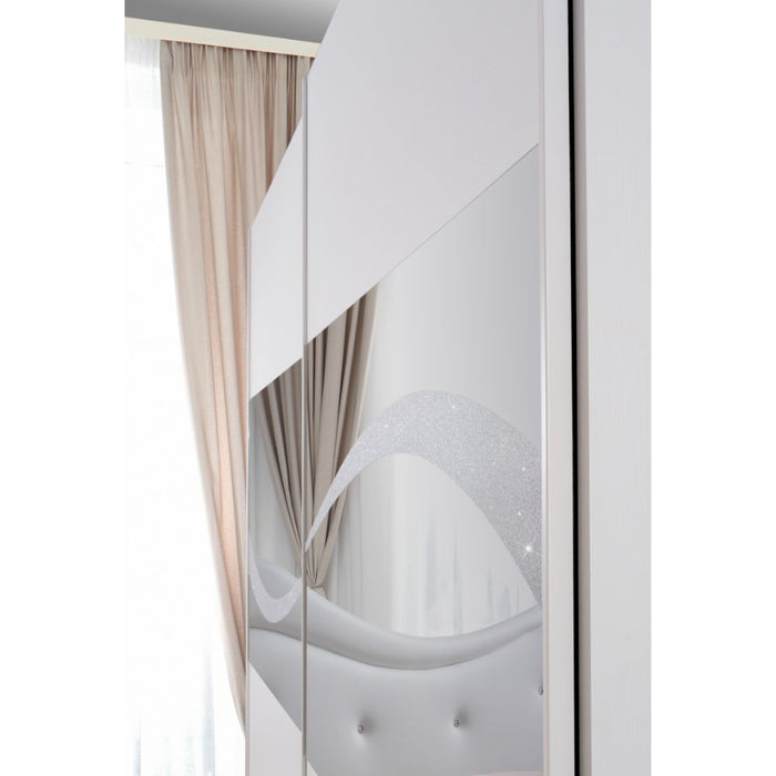 Camera da letto Galatea con letto imbottito contenitore e armadio 2 ante scorrevoli con specchi bianco e particolari glitter