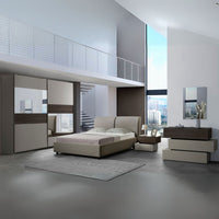 Camera da letto Kendra con letto contenitore imbottito e armadio 2 ante scorrevoli con specchi colore tortora noce