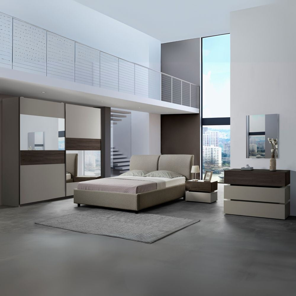 Camera da letto Kendra con letto contenitore imbottito e armadio 2 ante scorrevoli con specchi colore tortora noce