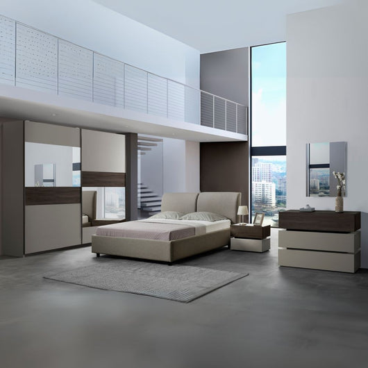 Camera da letto Kendra con letto contenitore imbottito e armadio 2 ante scorrevoli con specchi colore tortora noce