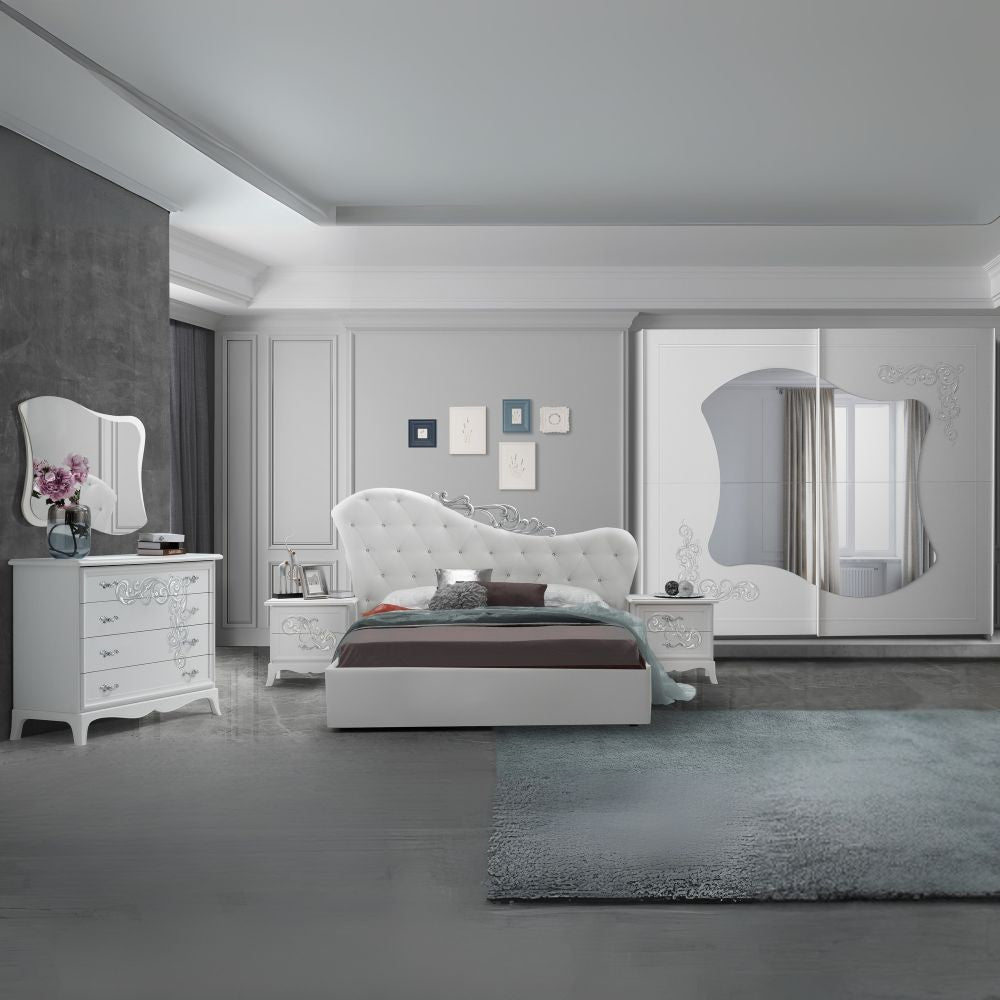 Camera da letto Marsida colore bianco larice con armadio 2 ante scorrevoli con serigrafia glitter