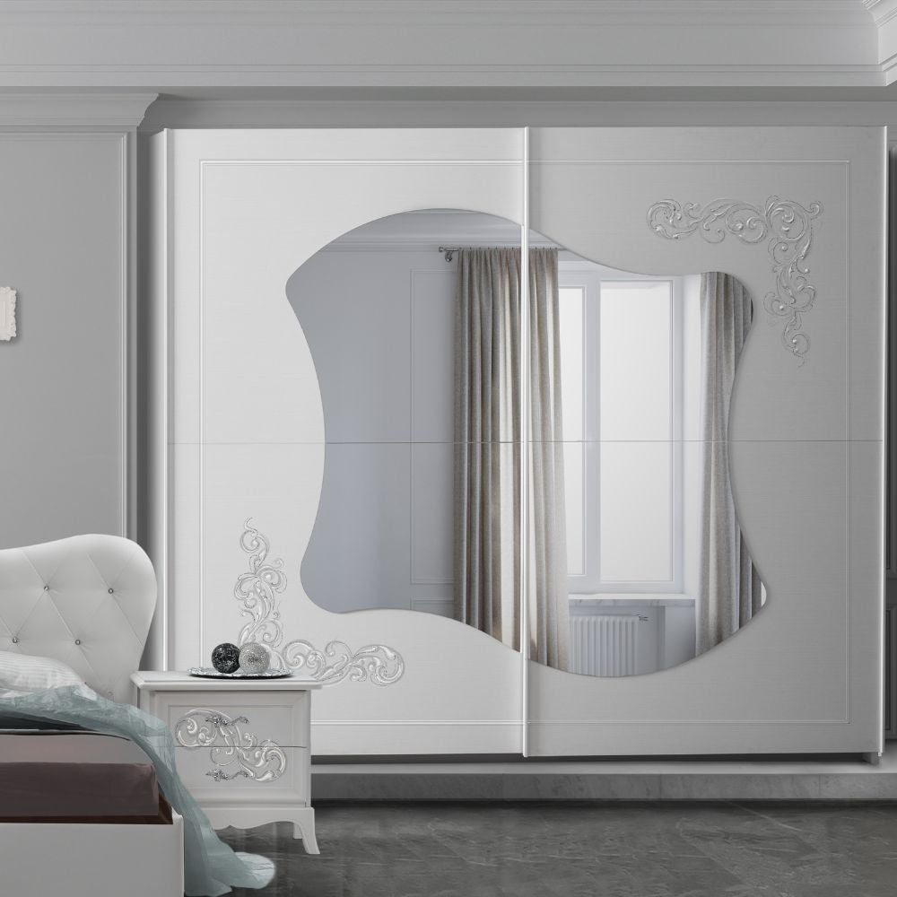 Camera da letto Marsida colore bianco larice con armadio 2 ante scorrevoli con serigrafia glitter