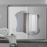 Camera da letto Marsida colore bianco larice con armadio 2 ante scorrevoli con serigrafia glitter