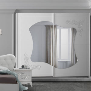 Camera da letto Marsida colore bianco larice con armadio 2 ante scorrevoli con serigrafia glitter