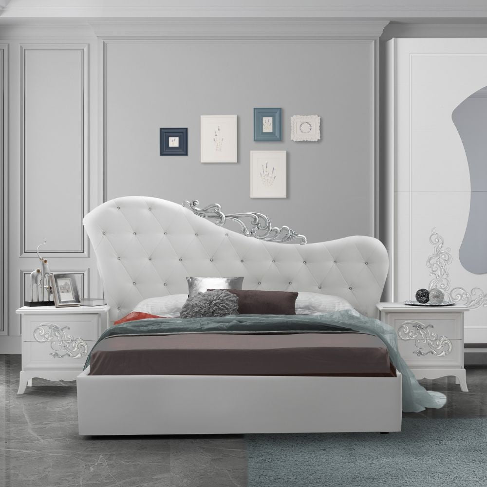 Camera da letto Marsida colore bianco larice con armadio 2 ante scorrevoli con serigrafia glitter