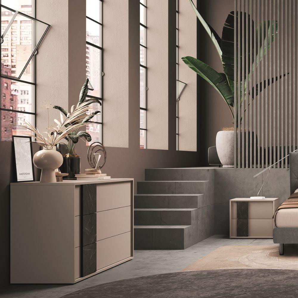 Camera da letto Moni canapa frassinato e dettagli marmo nero