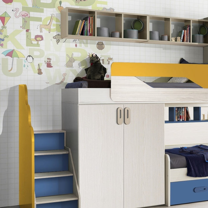 Cameretta soppalco Milly con 3 letti colore  kiri avio giallo