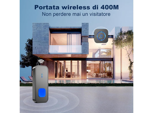 Campanello Senza Fili SURFOU da Esterno Interno Impermeabile con Ricevitori Spina Casa Wireless Pulsante a Lunga Distanza di 400m 55 Suonerie 5 Volumi Indicatore LED