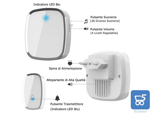 Campanello Senza Fili da Esterno Impermeabile IP44 Raggio d'Azione 300 M con Indicatore LED 2 Pulsanti e 1 Ricevitore 36 Suonerie