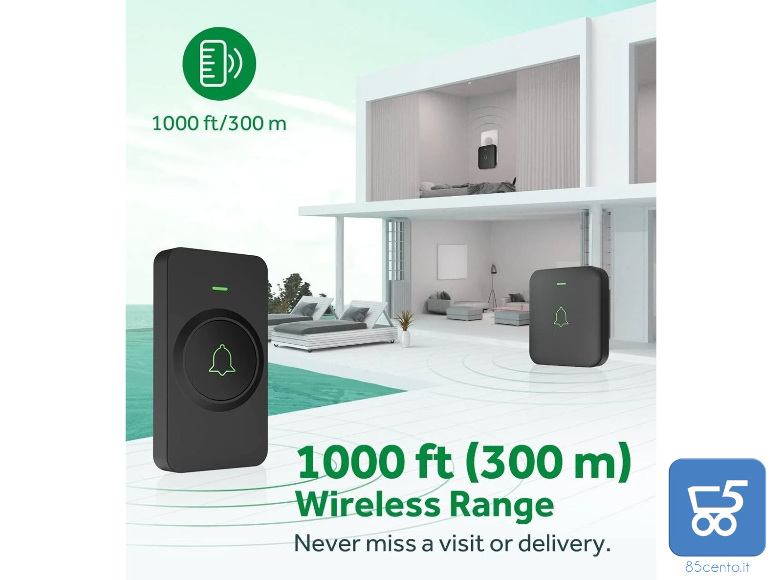 Campanello Wireless Avantek Impermeabile Ricevitore Spina EU 5 Livelli Volume 52 melodie