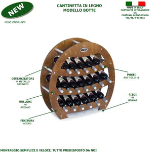 CANTINETTA IN LEGNO PORTA BOTTIGLIE VINO MODELLO BOTTE 18 BOTTIGLIE FINITURA NOCE L.75 x P,25 x H.75 100% FABBRICATO IN ITALIA