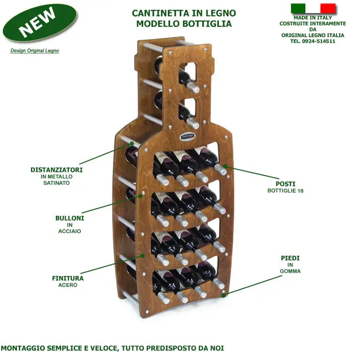 CANTINETTA IN LEGNO PORTA BOTTIGLIE VINO MODELLO BOTTIGLIA 18 BOTTIGLIE FINITURA NOCE L.50 x P.25 x H.120 100% FABBRICATO IN ITALIA