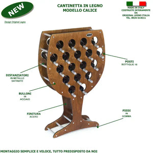 CANTINETTA IN LEGNO PORTA BOTTIGLIE VINO MODELLO CALICE 18 BOTTIGLIE FINITURA NOCE L.75 x P,25 x H.120 100% FABBRICATO IN ITALIA
