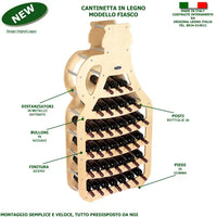 CANTINETTA IN LEGNO PORTA BOTTIGLIE VINO MODELLO FIASCO 36 BOTTIGLIE FINITURA ACERO L.75 x P,25 x H.150 100% FABBRICATO IN ITALIA