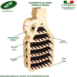 CANTINETTA IN LEGNO PORTA BOTTIGLIE VINO MODELLO FIASCO 36 BOTTIGLIE FINITURA ACERO L.75 x P,25 x H.150 100% FABBRICATO IN ITALIA