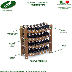 CANTINETTA - SOVRAPPONIBILE- IN LEGNO PORTA BOTTIGLIE VINO MODELLO SYRAH 28 BOTTIGLIE FINITURA NOCE L.75 x P.25 x H.75 100% FABBRICATO IN ITALIA