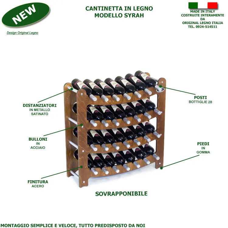 CANTINETTA - SOVRAPPONIBILE- IN LEGNO PORTA BOTTIGLIE VINO MODELLO SYRAH 28 BOTTIGLIE FINITURA NOCE L.75 x P.25 x H.75 100% FABBRICATO IN ITALIA