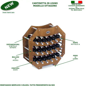 CANTINETTA IN LEGNO PORTA BOTTIGLIE VINO MODELLO OTTAGONO 18 BOTTIGLIE FINITURA NOCE L.75 x P.25 x H.75 100% FABBRICATO IN ITALIA