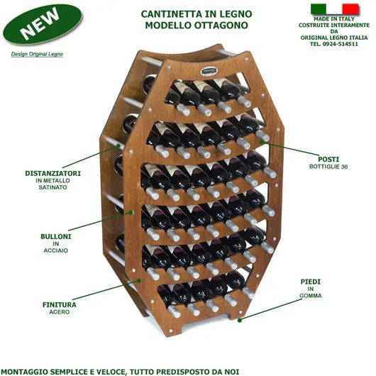 CANTINETTA IN LEGNO PORTA BOTTIGLIE VINO MODELLO OTTAGONO 36 BOTTIGLIE FINITURA NOCE L.75 x P.25 x H.120 100% FABBRICATO IN ITALIA