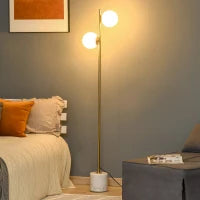 Lampada da Terra con 2 Paralumi a Sfera e Interruttore a Pedale, 35x35x165cm, Oro e Bianco