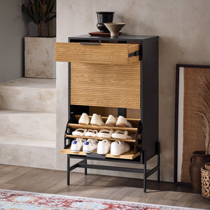 SoBuy Scarpiera da ingresso Cassettiera con 1 cassetto e 2 ribalte per ingresso, corridoio e soggiorno Nero 64x40x115 cm HFSR03-SCH