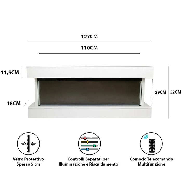 Tempo Style - Camino elettrico a parete e da incasso ALARO PLUS | Stufa ventilata da 750W/1500W a basso consumo (Bianco, 128cm)