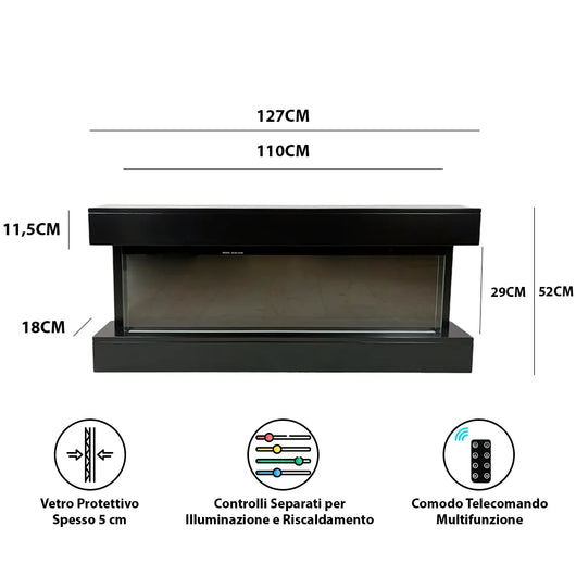 Tempo Style - Camino elettrico a parete e da incasso ALARO PLUS | Stufa ventilata da 750W/1500W a basso consumo, (Nero, 128cm)