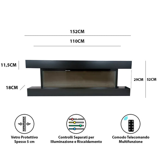 Tempo Style - Camino elettrico a parete e da incasso ALARO ULTRA+ | Stufa ventilata da 750W/1500W a basso consumo (Nero, 152cm)