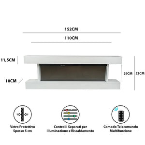 Tempo Style - Camino elettrico a parete e da incasso ALARO ULTRA+ | Stufa ventilata da 750W/1500W a basso consumo, (Bianco, 152cm)