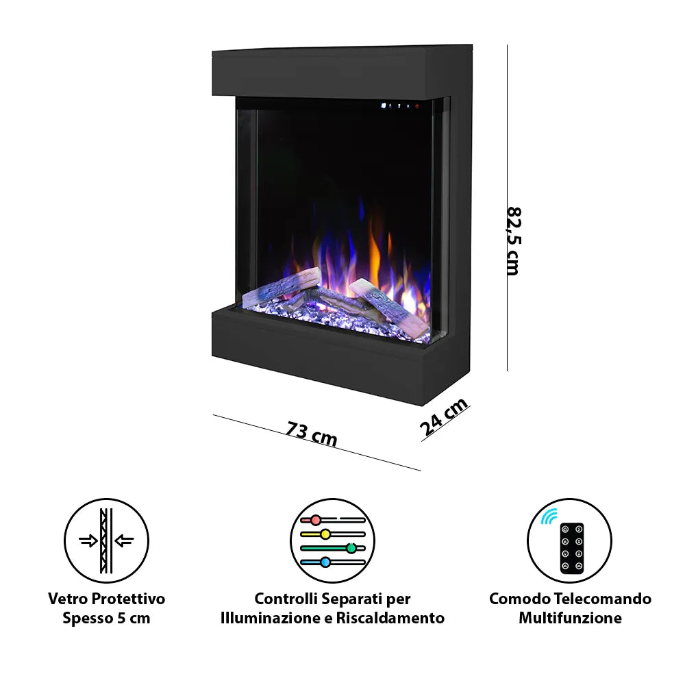 Tempo Style - Caminetto elettrico CALLIOPE Nero con cornice in legno MDF effetto fuoco reale 750 - 1.500 W