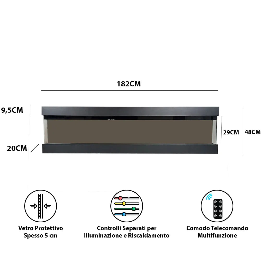 Tempo Style - Camino elettrico a parete e da incasso VELAR | Stufa ventilata da 750W/1500W a basso consumo (Nero, 182cm)