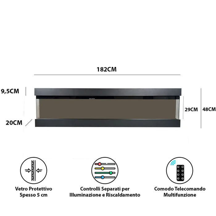 Tempo Style - Camino elettrico a parete e da incasso VELAR | Stufa ventilata da 750W/1500W a basso consumo (Nero, 182cm)