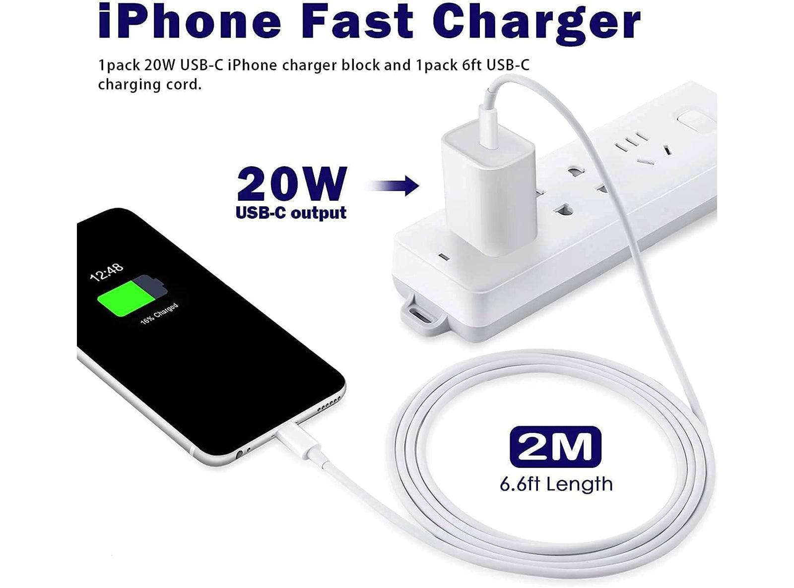 Caricabatteria USB Type-C PD 20W Completo di Cavo Lightning da 2 Metri per Phone 13 12 11 Xs Xr X 8 SE