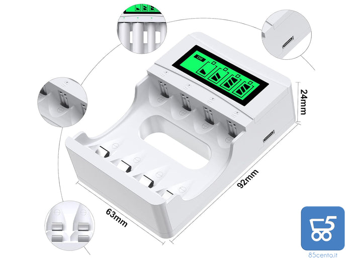 Caricabatterie USB con LCD Carica AA/AAA batterie NiMH 4 Slot Fast Charger