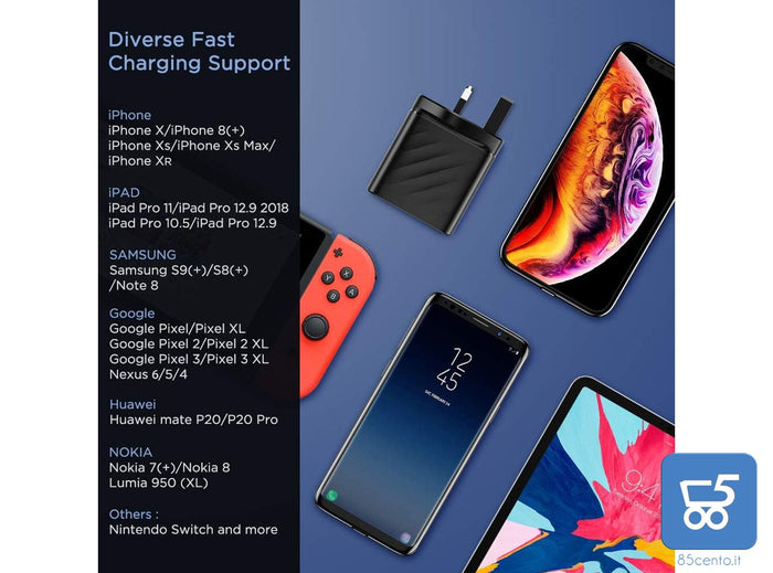 Caricabatterie da Muro ESR 36W PD USB type C USB-A 5V 3A Ricarica Rapida Spina UK