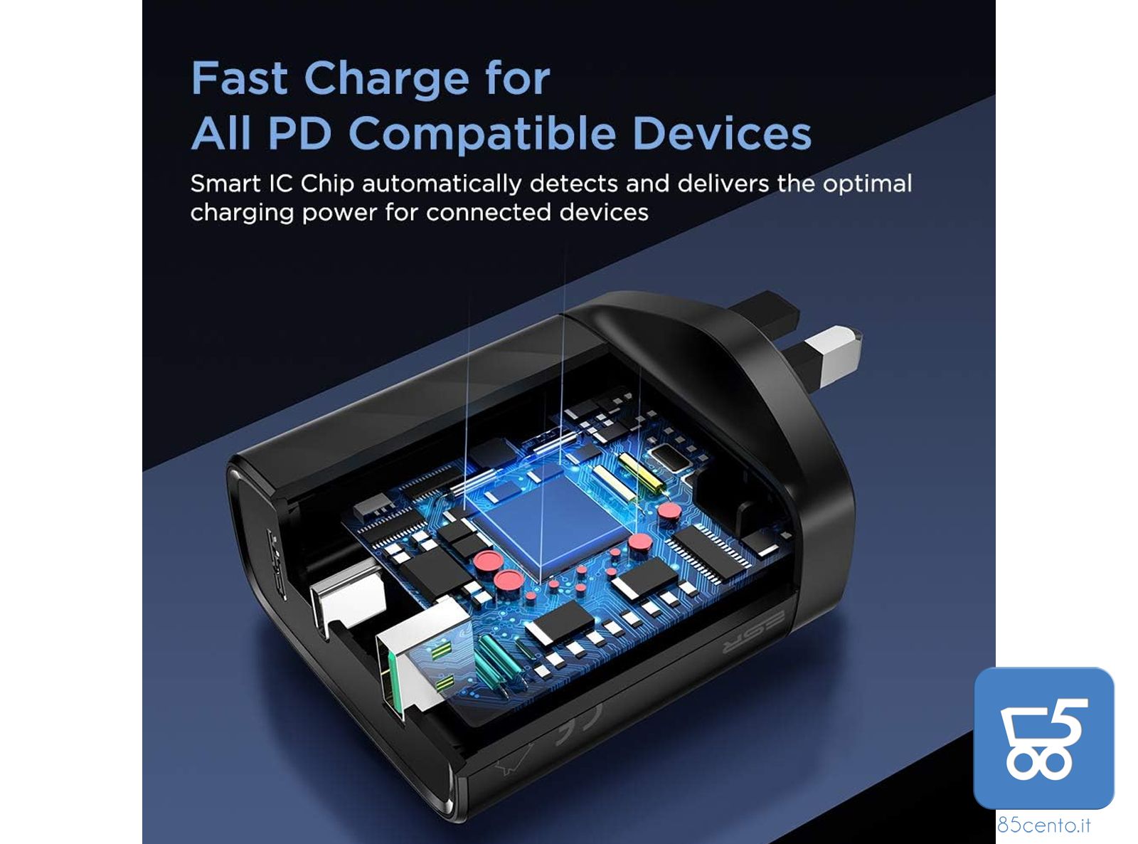 Caricabatterie da Muro ESR 36W PD USB type C USB-A 5V 3A Ricarica Rapida Spina UK