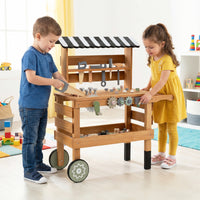 Carrello legno 2 in 1 bambini banco lavoro accessori realistici 2 ruote maniglia-Portatile cappottina porta attrezzi scaffale 3+ anni
