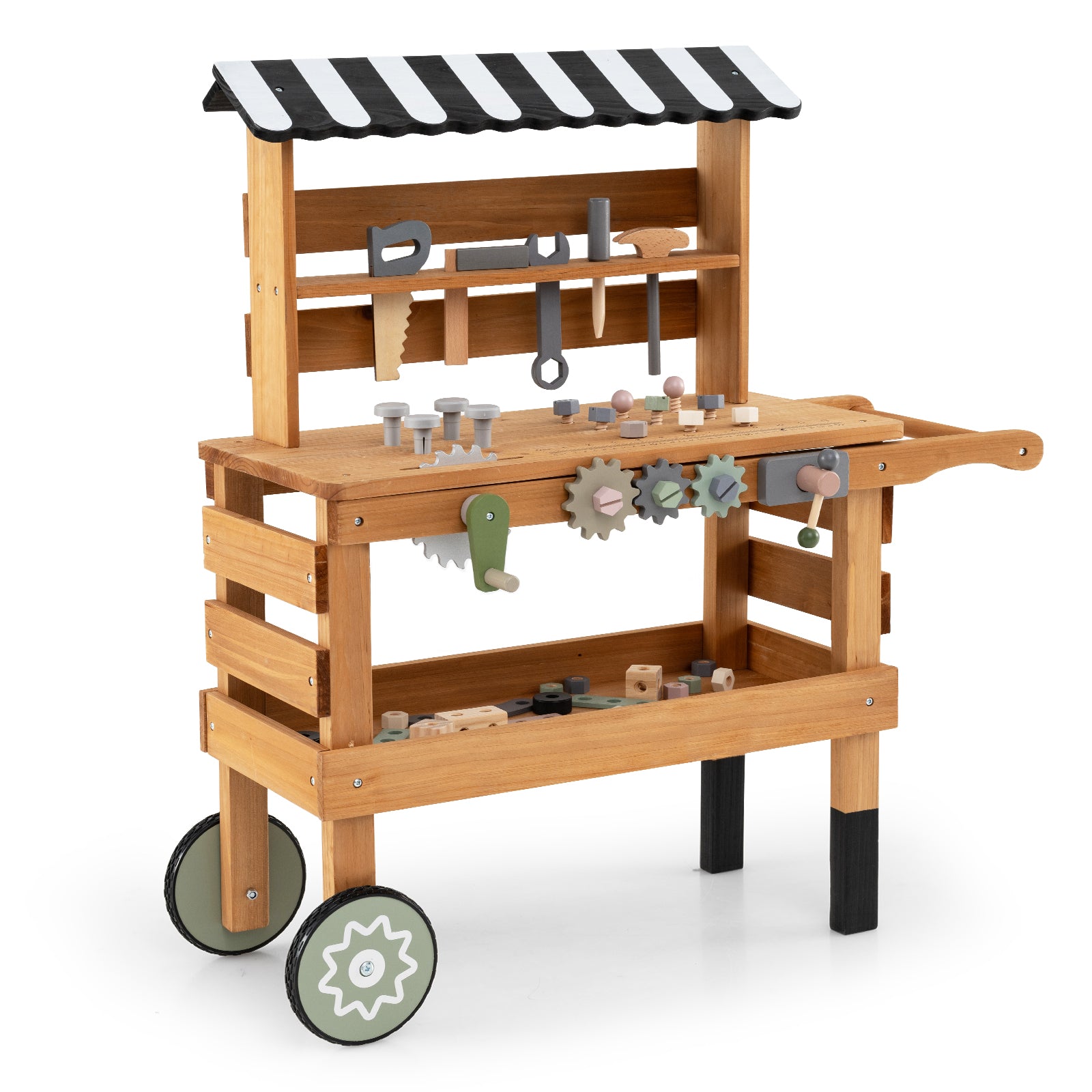 Carrello legno 2 in 1 bambini banco lavoro accessori realistici 2 ruote maniglia-Portatile cappottina porta attrezzi scaffale 3+ anni