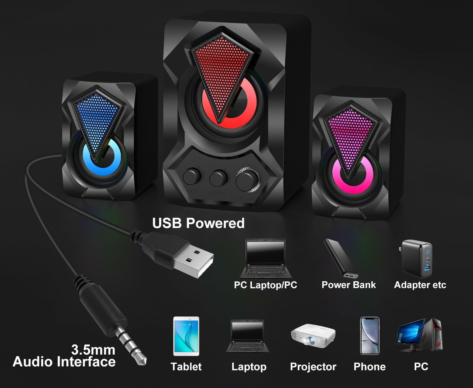 Casse audio 2.0 aux USB altoparlanti subwoofer RGB per PC notebook 5+3W AB-D391