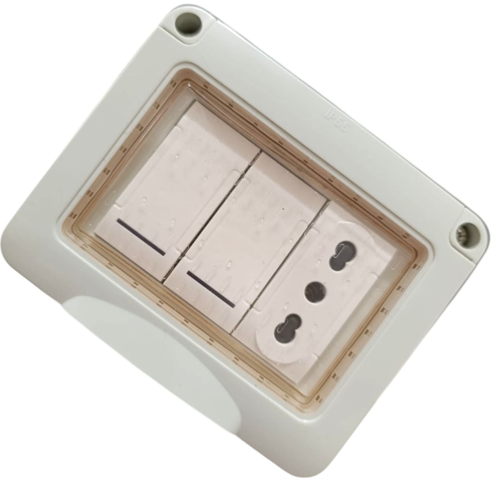 Cassetta Placca Stagno Da Esterno 3 PostI Presa Bipasso + 2 Interruttori IP55