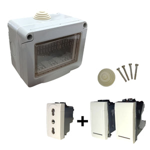 Cassetta Placca Stagno Da Esterno 3 PostI Presa Bipasso + 2 Interruttori IP55