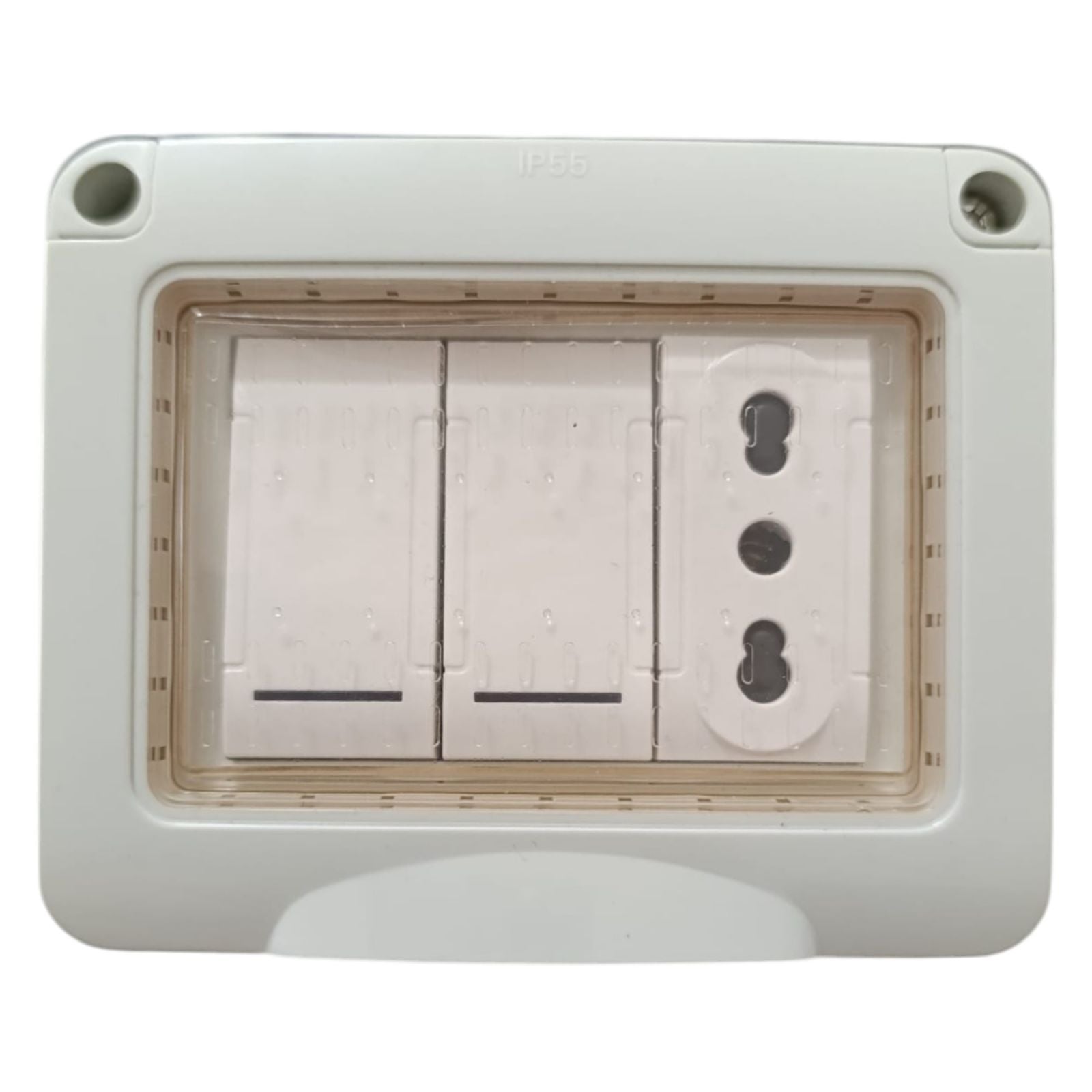 Cassetta Placca Stagno Da Esterno 3 PostI Presa Bipasso + 2 Interruttori IP55