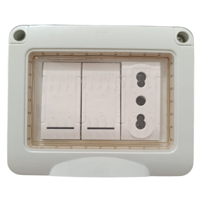 Cassetta Placca Stagno Da Esterno 3 PostI Presa Bipasso + 2 Interruttori IP55