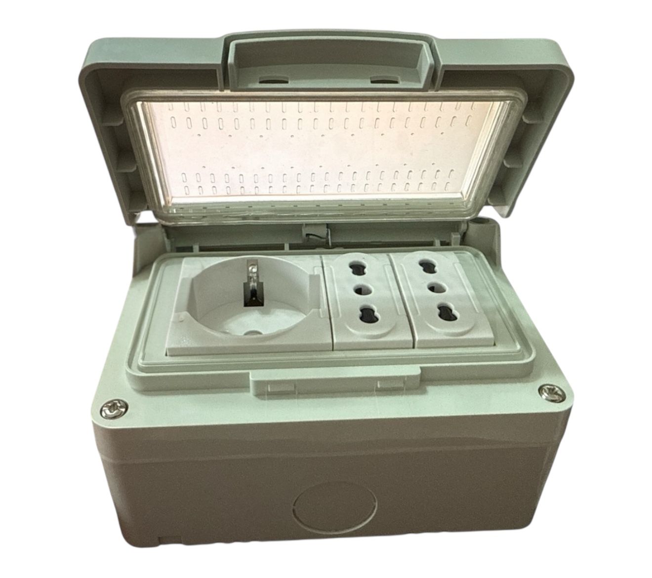 Cassetta elettrica pronta all'uso per esterno IP55 presa Schuko + 2 prese universali