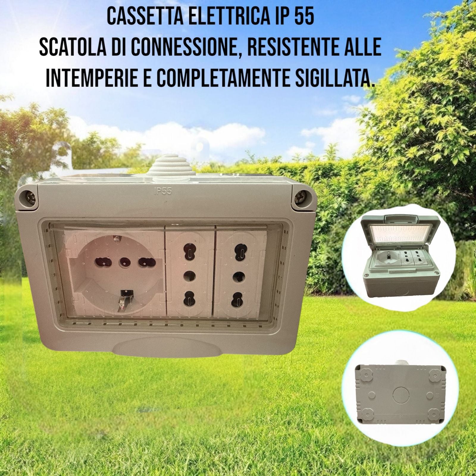 Cassetta elettrica pronta all'uso per esterno IP55 presa Schuko + 2 prese universali
