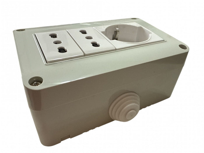 Cassetta elettrica pronta all'uso per interni IP40 presa 1 Schuko + 2 Bipasso